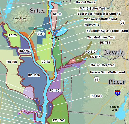 Map of levee maintaining agencies in and around Sutter County