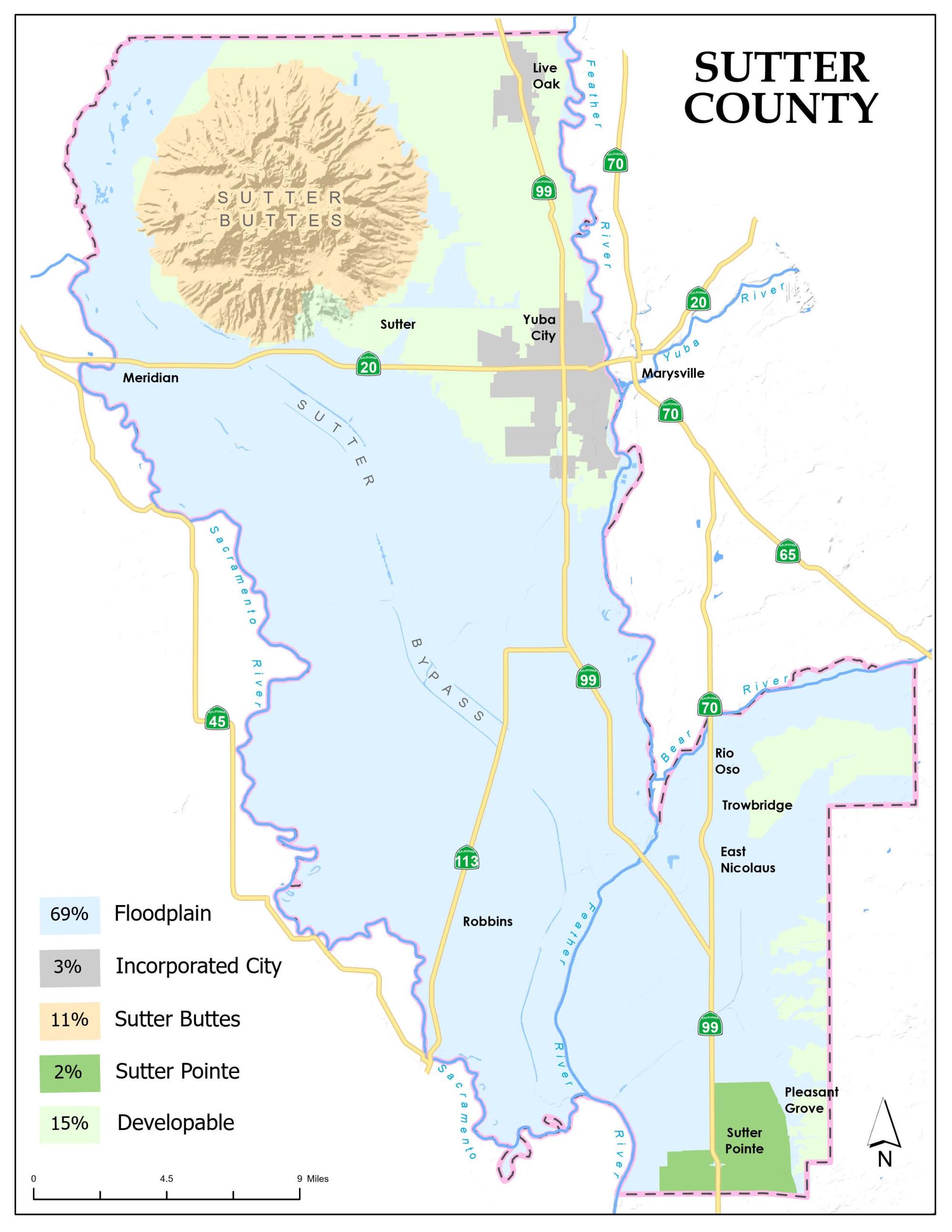 Map of Sutter County with Development Land shaded