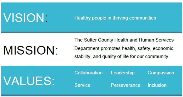 VISION: Healthy people in thriving communities. MISSION: The Sutter County Health and Human Services Department promotes health, safety, economic stability, and quality of life for our community. VALUES:Collaboration Leadership Compassion Service Perseverance Inclusion.
