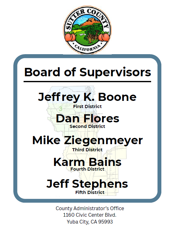 Image with Sutter County peaches logo above a list of names of the Board of Supervisors including Jeffrey K. Boone First District, Dan Flores Second District, Mike Ziegenmeyer Third District, Karm Bains Fourth District, Jeff Stephens Fifth District