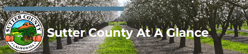 Image of an orchard with blooming trees, overlayed by the Sutter County Peaches logo and Sutter County At A Glance text