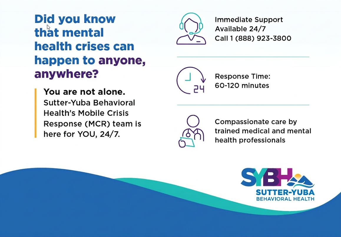 Graphic of Mobile Crisis Response services features like 24/7 support, 2 hours or less response time, and compassionate care.